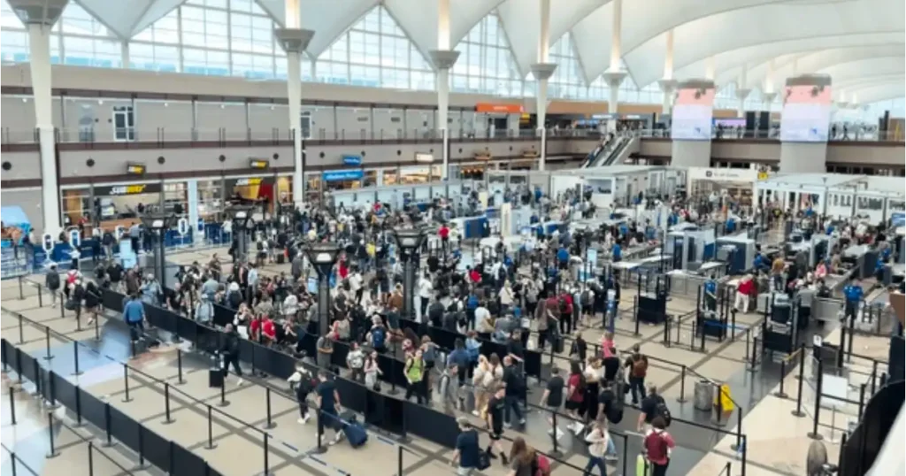 Busy TSA Security Line at Airport from an arial view