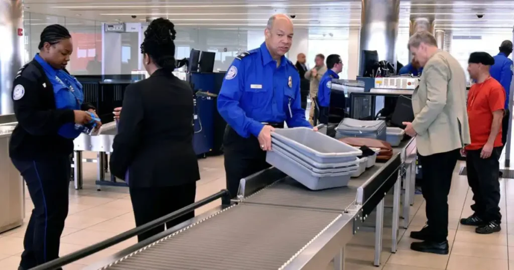 TSA Agent Stacking Bins at the Airport at a security checkpoint