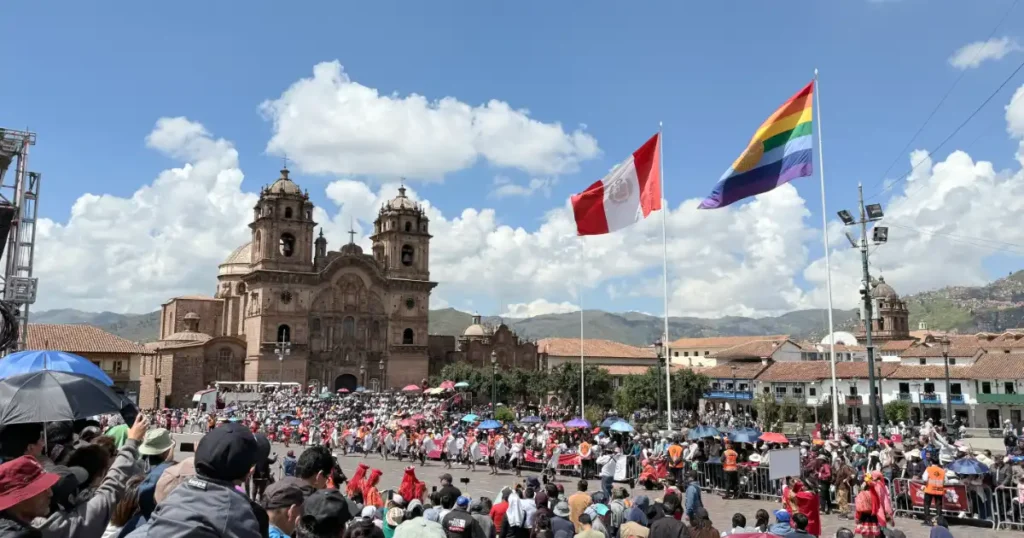 Plaza de Armas Cusco with fesival and parate and grandstands