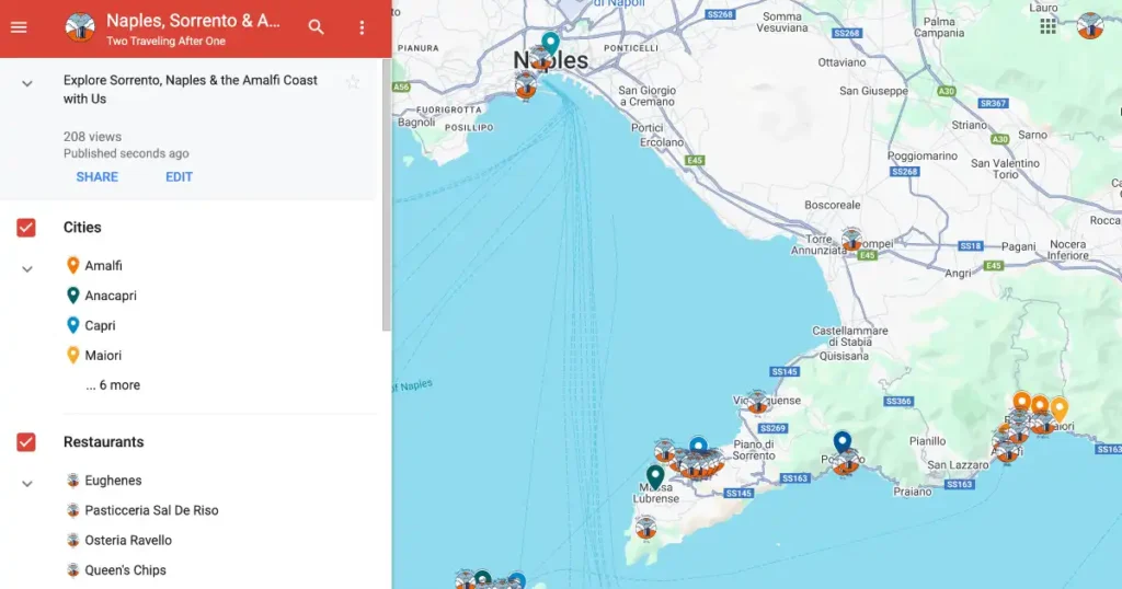 Our custom map of Sorrento and Amalfi area